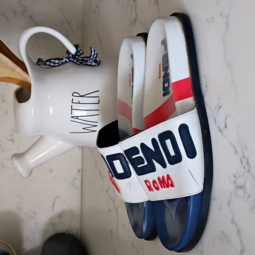 Fendi White Slides With Navy & Red Logo
